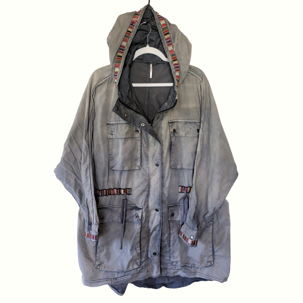 Free People Poplin Dolman Parka Jacket Green Gray Boho Utility Embroidered XS/S - Picture 2 of 14